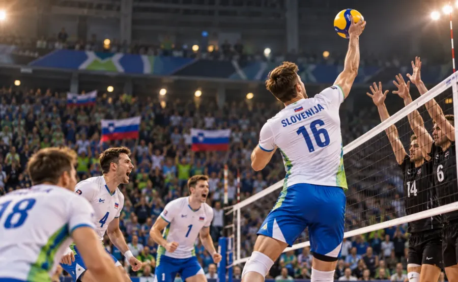 Slovenski odbojkarji ob napadu na mreži pred polnimi tribunami