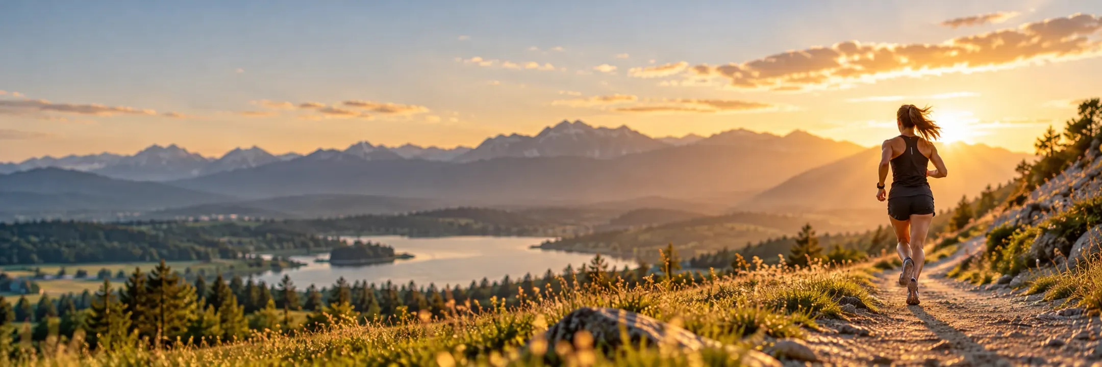 Tekačica na gorski poti ob sončnem zahodu z razgledom na jezero in gore
